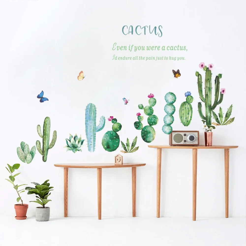 Свежие растения кактус бабочки наклейки на стену домашний декор для гостиной