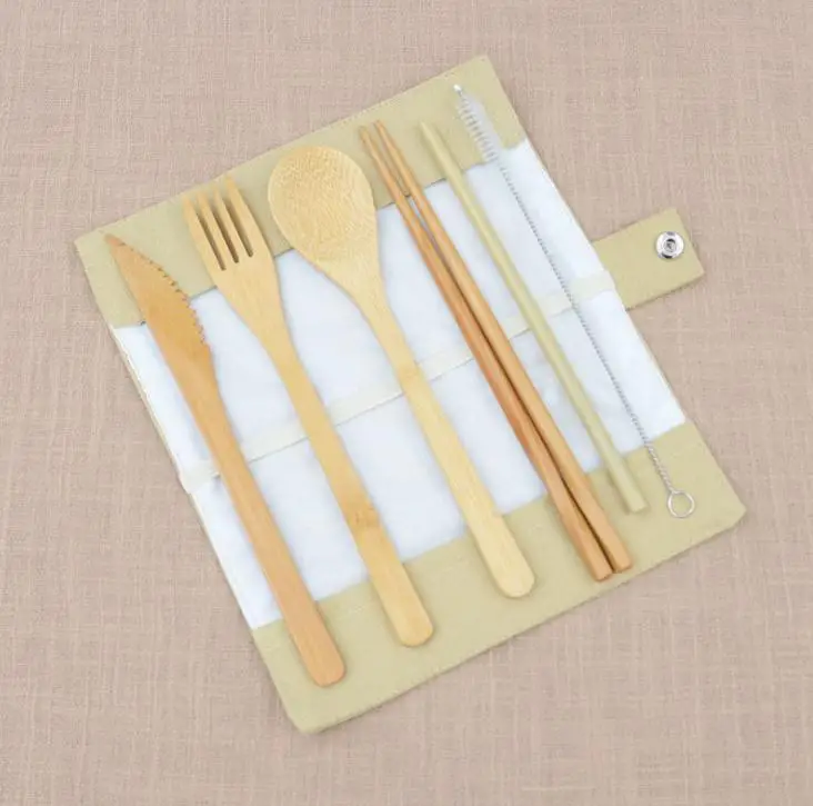 7 stks/set Bestek Set Draagbare Servies Bamboe Theelepel Vork Soep Mes eetstokjes outdoor reizen | Дом и сад