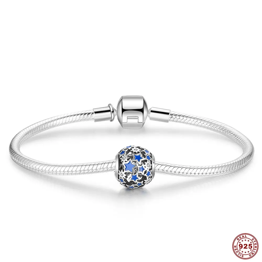 Get 5pcs Wholesale Certified 925 Sterling Silver Large Hole Enamel Beads Blue Starry Sky CZ Charm Fits Original Bracelet | Украшения и