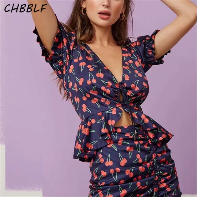 CHBBLF Женские V шеи с рисунком вишни блузка кулиска коротким рукавом и оборками