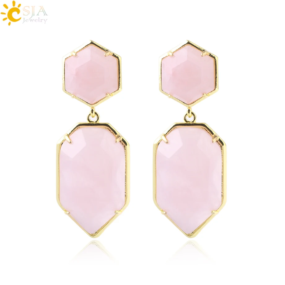 Rose Quartz CSJA полигоны кристалл серьги гвоздики для женщин золотой цвет длинные сережки с натуральным камнем фиолетовый белый кварц черная бижутерия из оникса F780 - Окраска металла: Rose Quartz