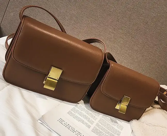 2 bags Brown Luxury Brand Handbag New Fashion Simple Square bag Quality PU Leather Women's Designer Handbag Lock Shoulder Messenger bags - Цвет: 2 bags Brown