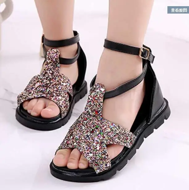 Новинка лета 2018 корейские сандалии для девочек с блестками и открытым носком