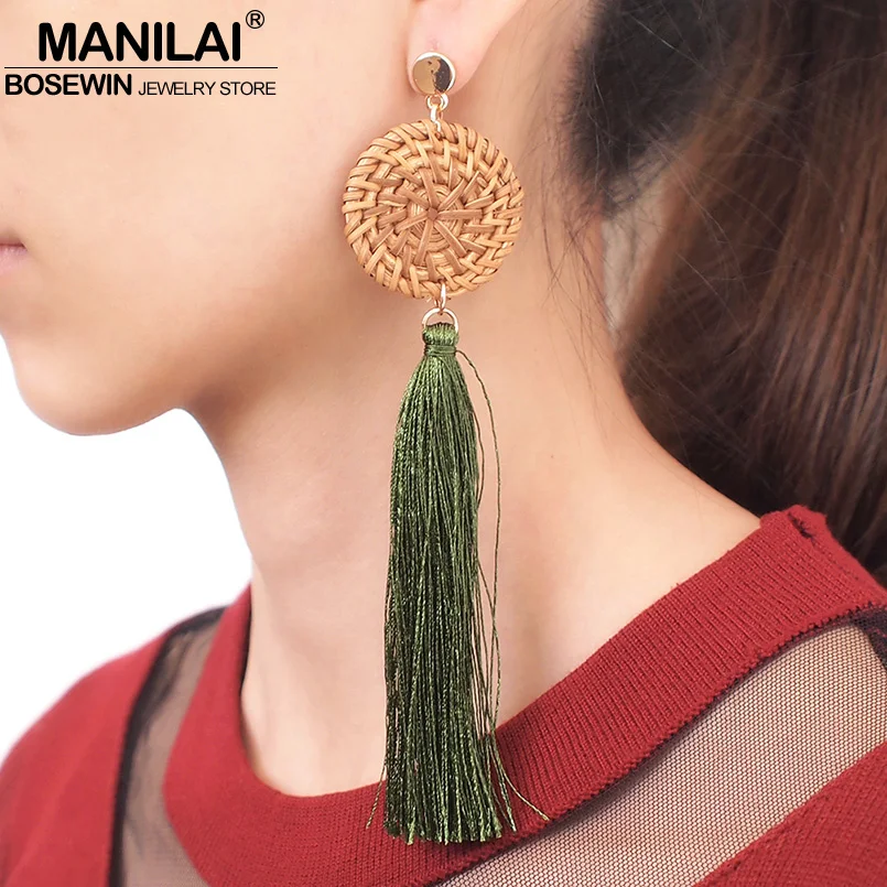 MANILAI, трендовые серьги из соломы, ротанга, длинные кисточки, для женщин, Boho, ювелирные изделия, висячие, массивные, Висячие, длинные Винтажные серьги, 5 цветов