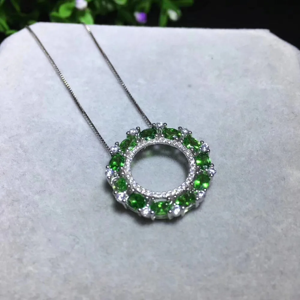 

natural Tsavorite pendant S925 silver Natural green garnet Pendant Necklace trendy Fashion round Circle women girl fine jewelry