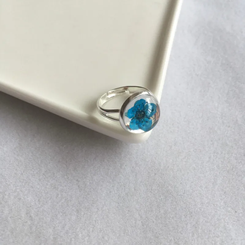 blue Anique серебряные кольца с высушенными цветами, круглые стеклянные Регулируемые кольца с цветком сливы, Летний стиль, ручная работа, высушенные цветочные украшения в подарок - Цвет основного камня: blue