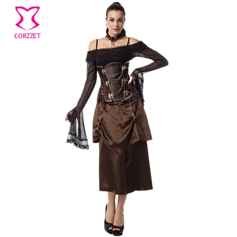 Винтажный Коричневый корсет под грудь сексуальная юбка в стиле бурлеск наряды