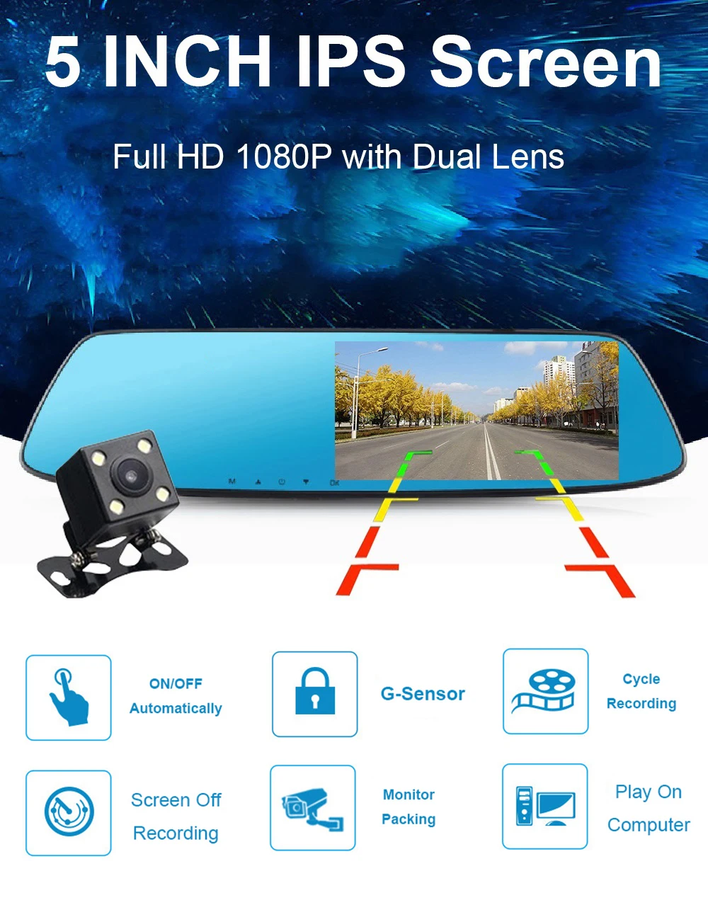 5 дюймов ips экран автомобиля зеркало видео Full HD 1080P Автомобильная DVR камера заднего вида Двойной объектив Даш камера заднего вида Dashcam камера заднего вида