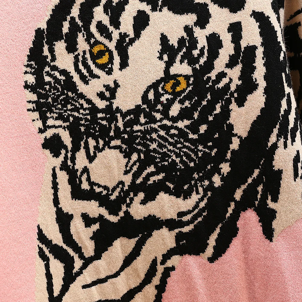 2019 Runway Winter Sweater Women Long Sleeve O-neck Leopard Tiger Head Pattern Vintage Knitted Jumper Casual sueter mujer | Женская