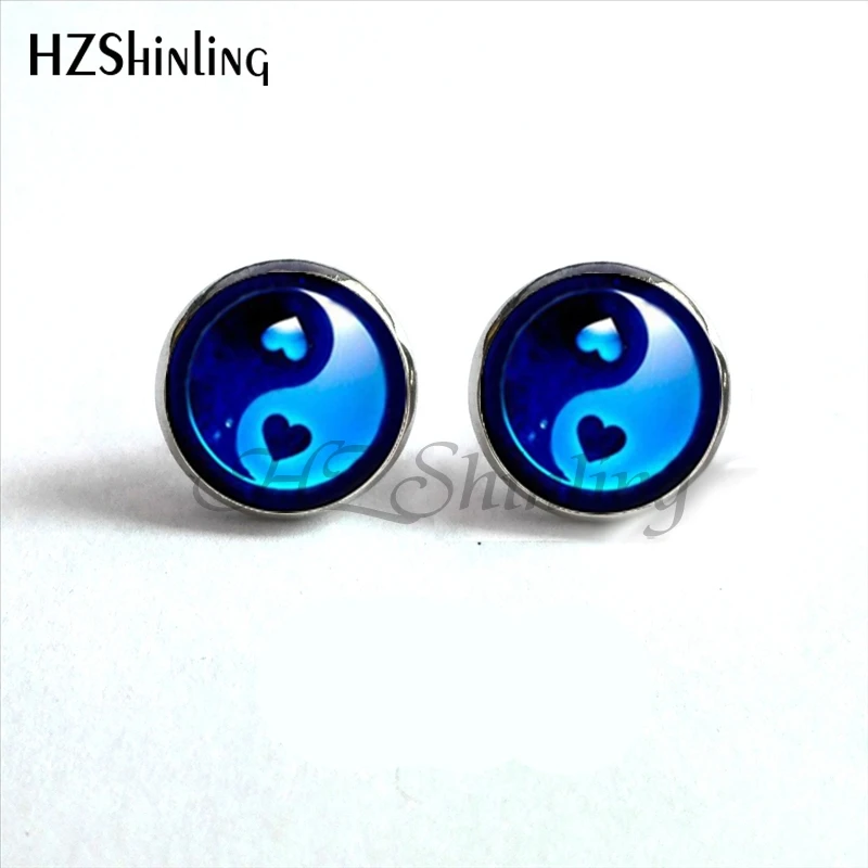 NES-00100 Серьги Yin Yang, серьги Ying Yang, серьги-гвоздики с волшебным знаком дзен, стеклянные серьги с кабошонами HZ4 - Окраска металла: 12