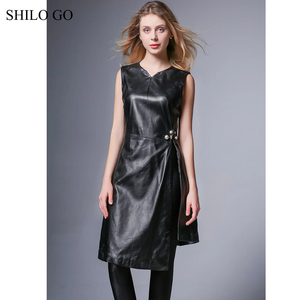 Платье SHILO GO из натуральной овчины Осеннее модное платье с треугольным вырезом