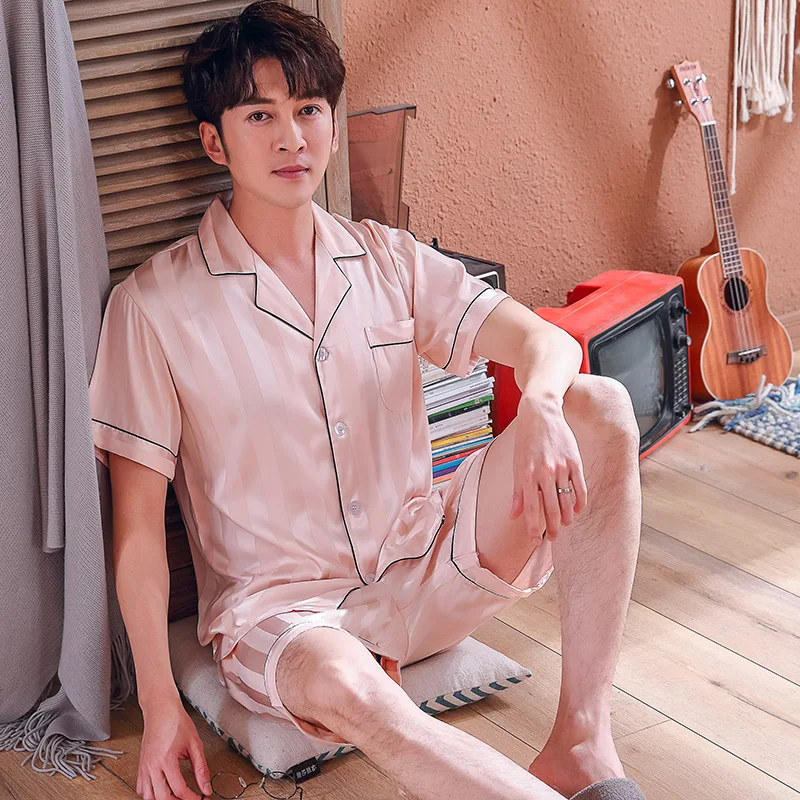 

PLUS SIZE 3XL Pajamas Suit Sleepwear 2pcs Short Sleeve Shirt&shorts Men Home Clothes Nightwear Striped Intimate Lingerie