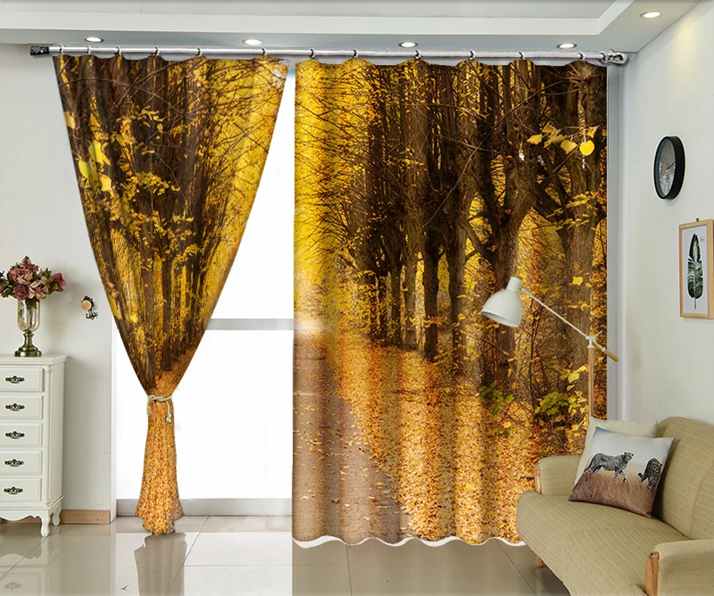 Two rows of trees next to the road 3d Digital Printing Stereo Cutoff Curtains High Precision Black Silk | Дом и сад