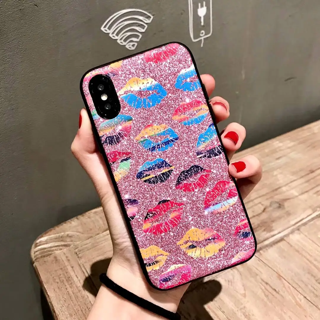 Kerzzil Fashion Red Lip Flash Powder Hard Phone Cases for iPhone 7 6 S 8 Plus TPU Soft edge Sexy Lips X |