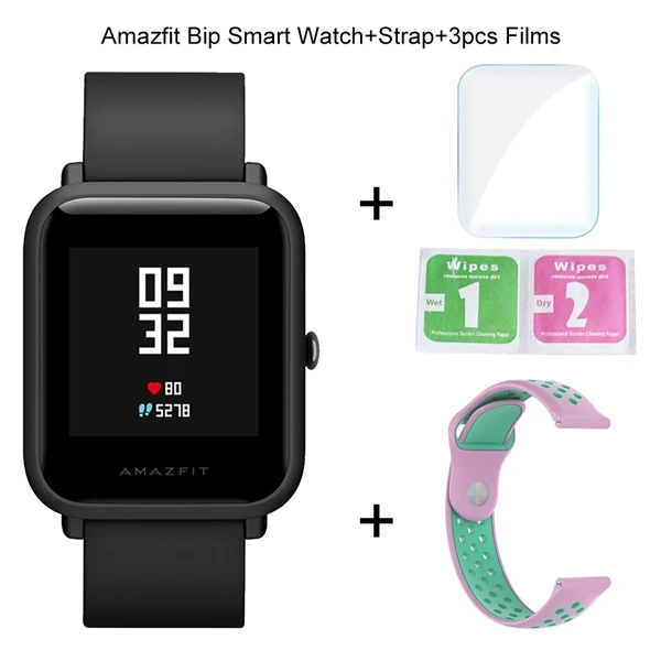 Add 1 Strap 3 Films Оригинальные Смарт-часы Xiaomi Amazfit Bip, фитнес-трекер, gps, умные часы, IP68, водонепроницаемые, 45 дней, срок службы батареи, пульсометр - Цвет: Add 1 Strap 3 Films