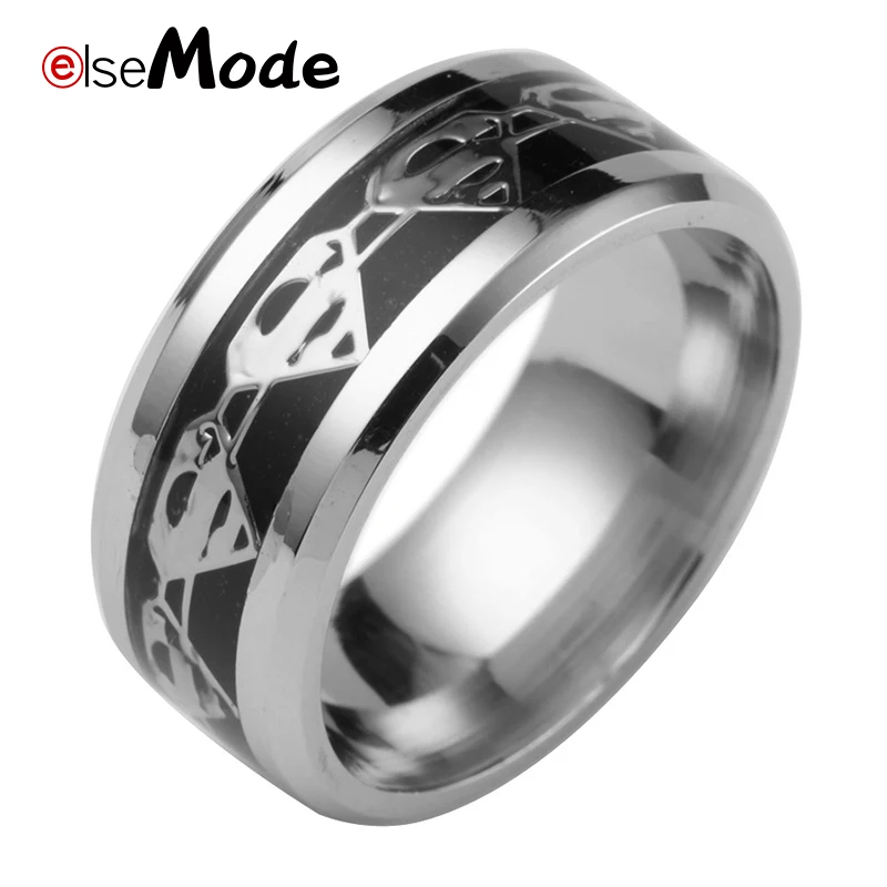 ELSEMODE 316L Титановая Сталь Супермен вентиляторы кольца 8 мм ширина для мужчин женщин золото серебро черный талисманы влюбленных - Цвет основного камня: Черный