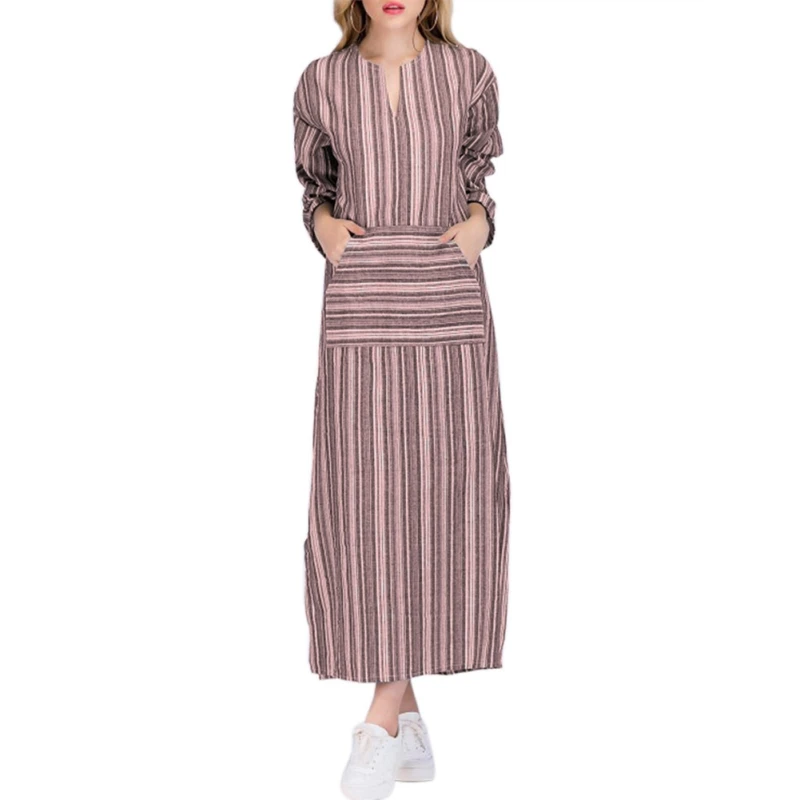 2020 Autumn Dress Women Striped Printing Elegant Bohemian Patchwork Long Elbise Sleeve V-neck Loose Vestido Ladies | Женская одежда