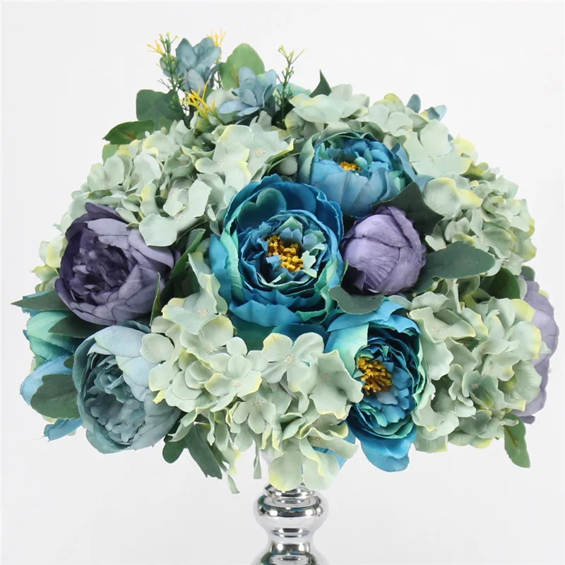 Blue Изготовленный На Заказ 35/45 см Роза Пион искусственный цветок мяч Центральные Декора свадьбы фон Свадебный стол в виде цветочного шара цветов+ ваза-подсвечник - Цвет: Blue