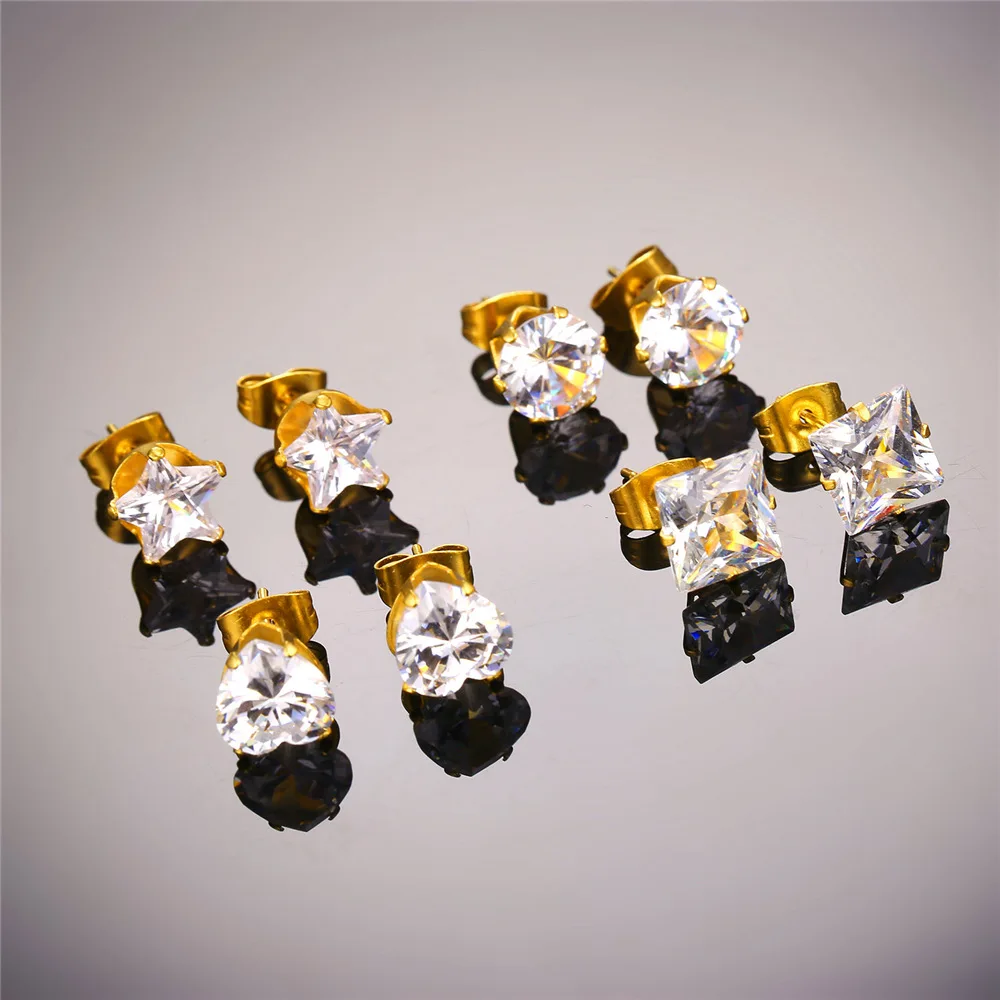 U7 Серьги Гвоздики С Камнями Женские Из Нержавеющей Стали/ Позолоченный Цирконами