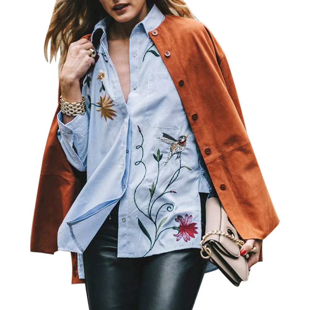 Модная женская блузка с вышивкой Свободная длинным рукавом Лето 2017 Повседневная