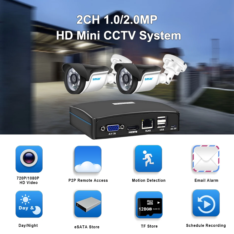 Sm4ch H.265 CCTV NVR с 2 шт 720 P/1080 P камера безопасности системы с дистанционным управлением Поддержка eSATA/TF/USB хранения