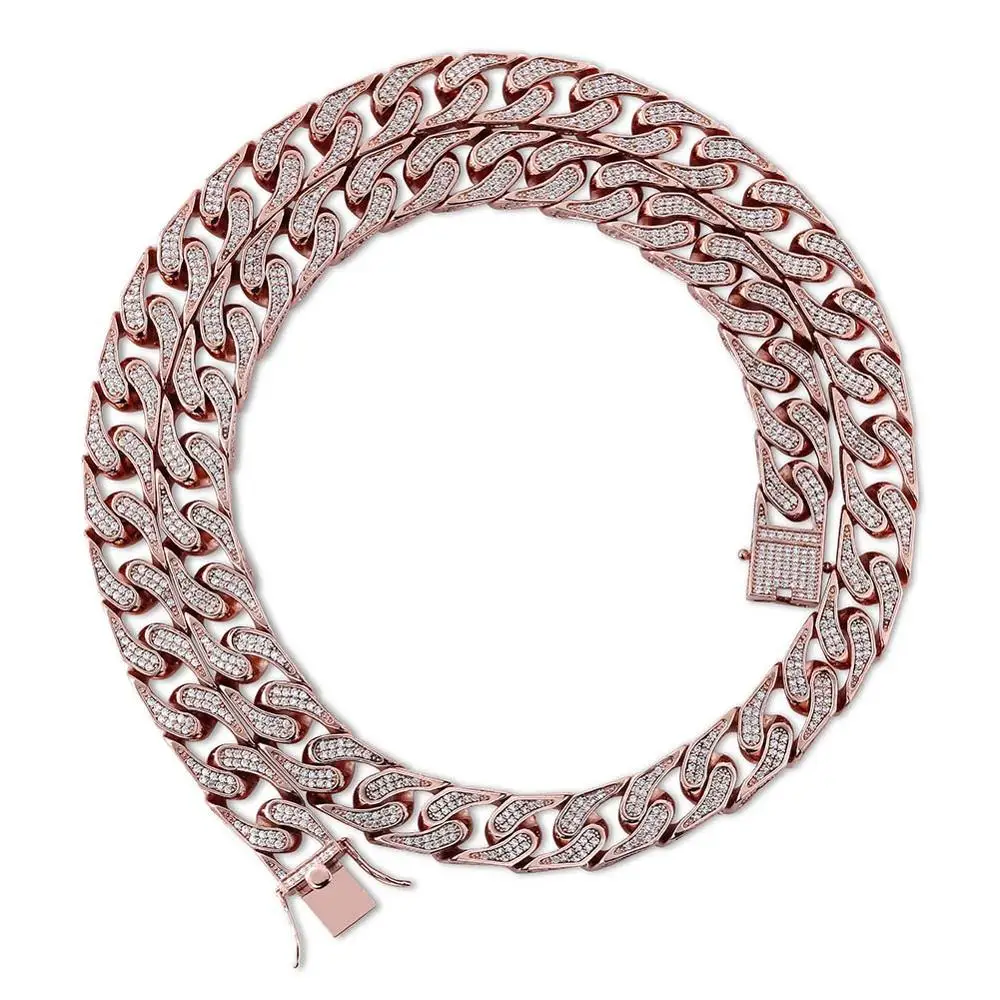 Rose gold JINAO Hip Hop Jewelry 16mm Miami Cuban Chain Micro Pave Cubic Zirconia Necklace Full Iced Out Chain Gold Silver Bling Male Gifts - Окраска металла: Rose gold