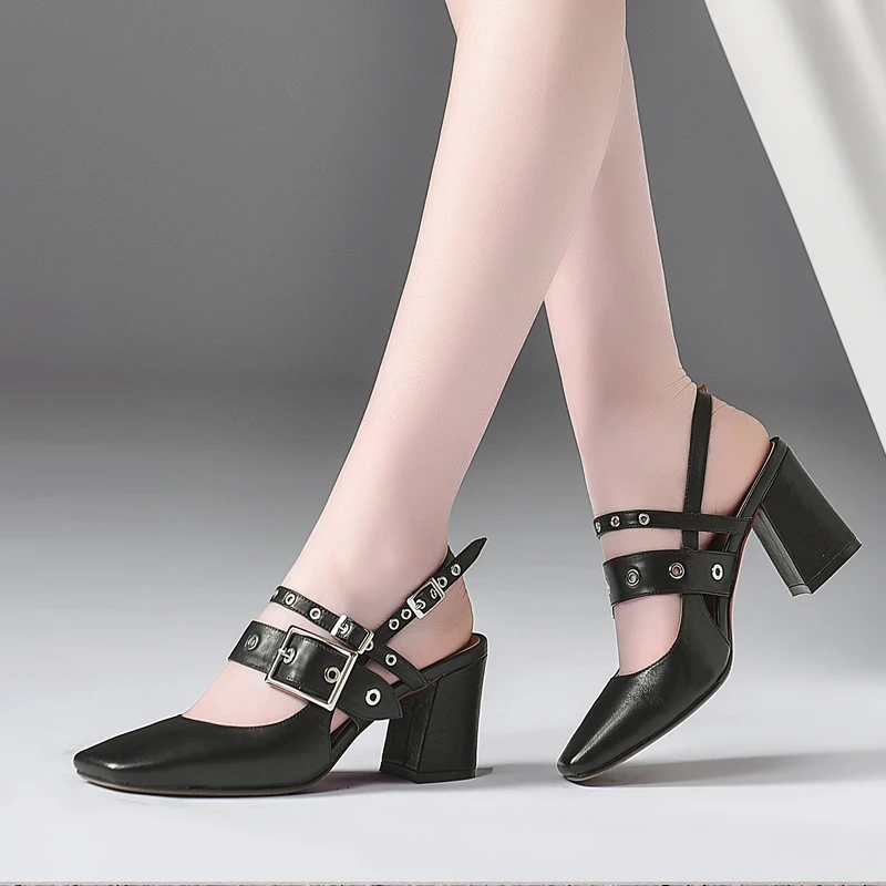 Women Genuine Leather Sandals Black White Stud Square toe Block High Heels Ankle Buckle Strap Platform Pumps Sandalias Mujers | Обувь