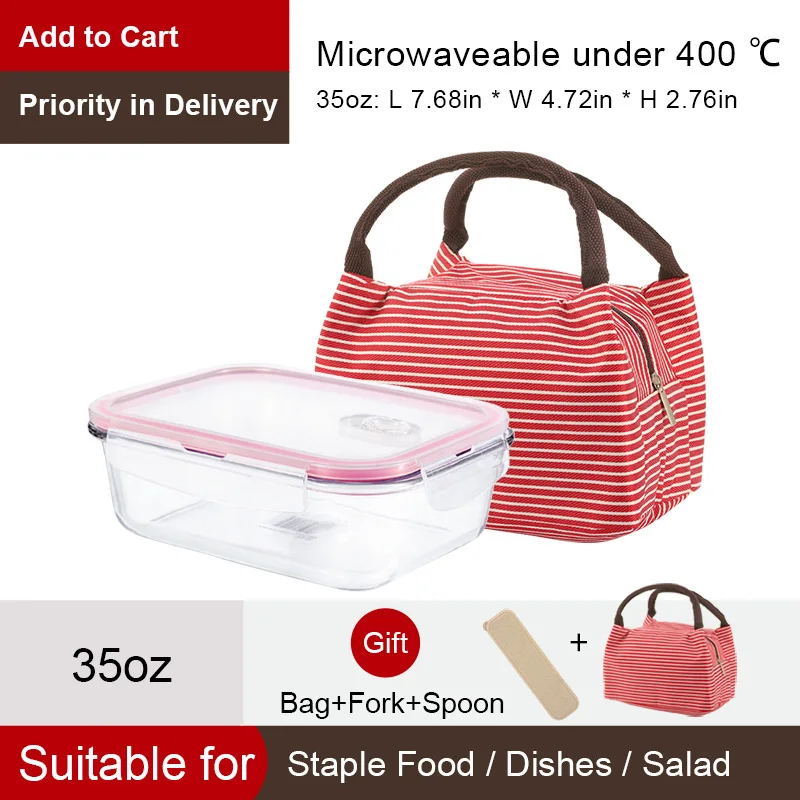 35oz-Red Bag Здоровый материал Ланч-бокс 3 отделения коробки микроволновая посуда контейнер для хранения еды Ланч-бокс стеклянный контейнер - Цвет: 35oz-Red Bag