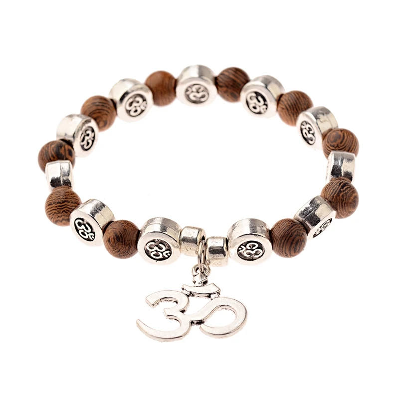 ABJ053-2 OIQUEI 8mm Natural Wood Buddha Bracelet Men Handmade Charms Sliver OM Beads Yoga Chakra Mala Prayer Bracelet Meditation Jewelry - Окраска металла: ABJ053-2
