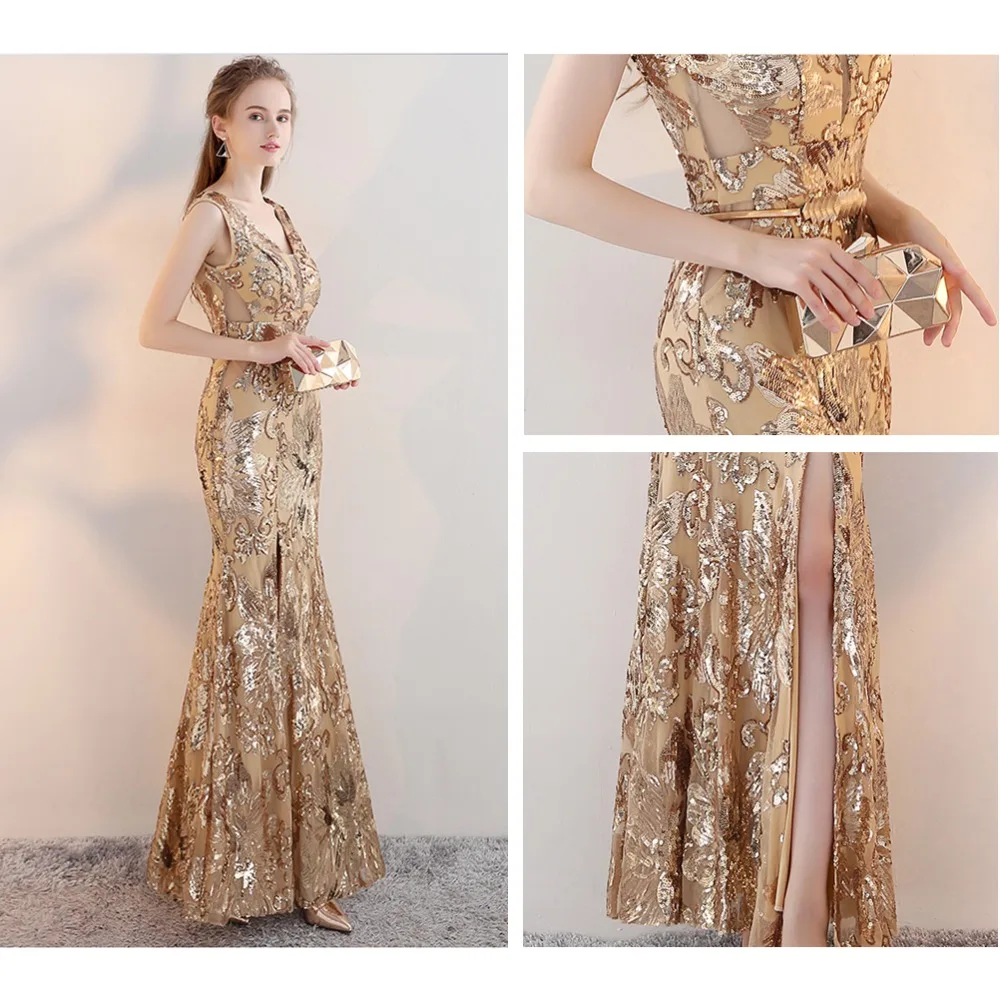 VKBRIDAL Rose Gold Sequined Mermaid Stretchy Long Bridesmaid Dresses with Side Slit Plus Size Formal Party Prom Gowns for Women | Свадьбы и