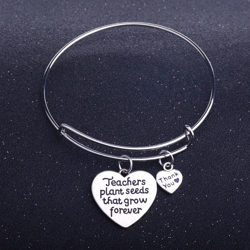 

Bespmosp 12PC/Lot Wholesale Heart Pendant Bracelet Bangle"Teachers Plant Seeds That Grow Forever"Teacher's Day Charm Jewelry Hot
