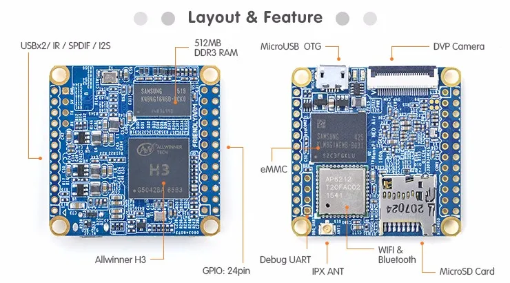 Четырехъядерный Cortex-A7 FriendlyARM NanoPi NEO Air(512 МБ ОЗУ)+ NanoHat PCM5102A = NanoPi NEO Air посылка F(wifi и Bluetooth, 8 Гб eMMC