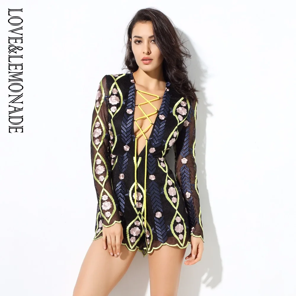 Love & лимонад сексуальный вырез геометрический узор Кружево бандажи Playsuit LM0336|playsuit