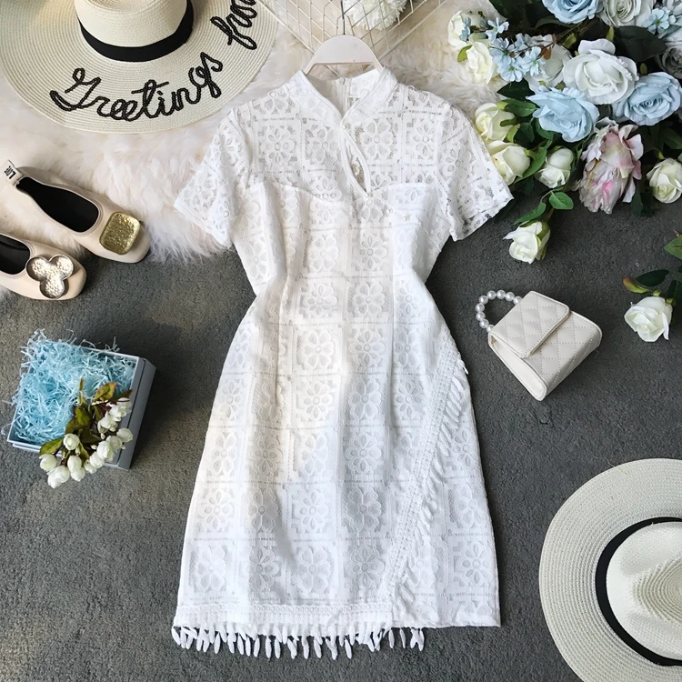 2019 новые модные женские платья летние бисерные Ретро полые пряжки cheongsam Стиль