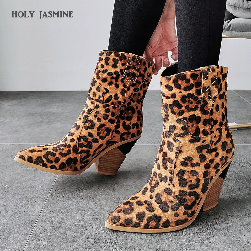 

2019 Winter Autumn Women'S High Heels Ankle Boots Fashion Leopard Western Cowboy Boots Brand Designer Shoes Women platform boots