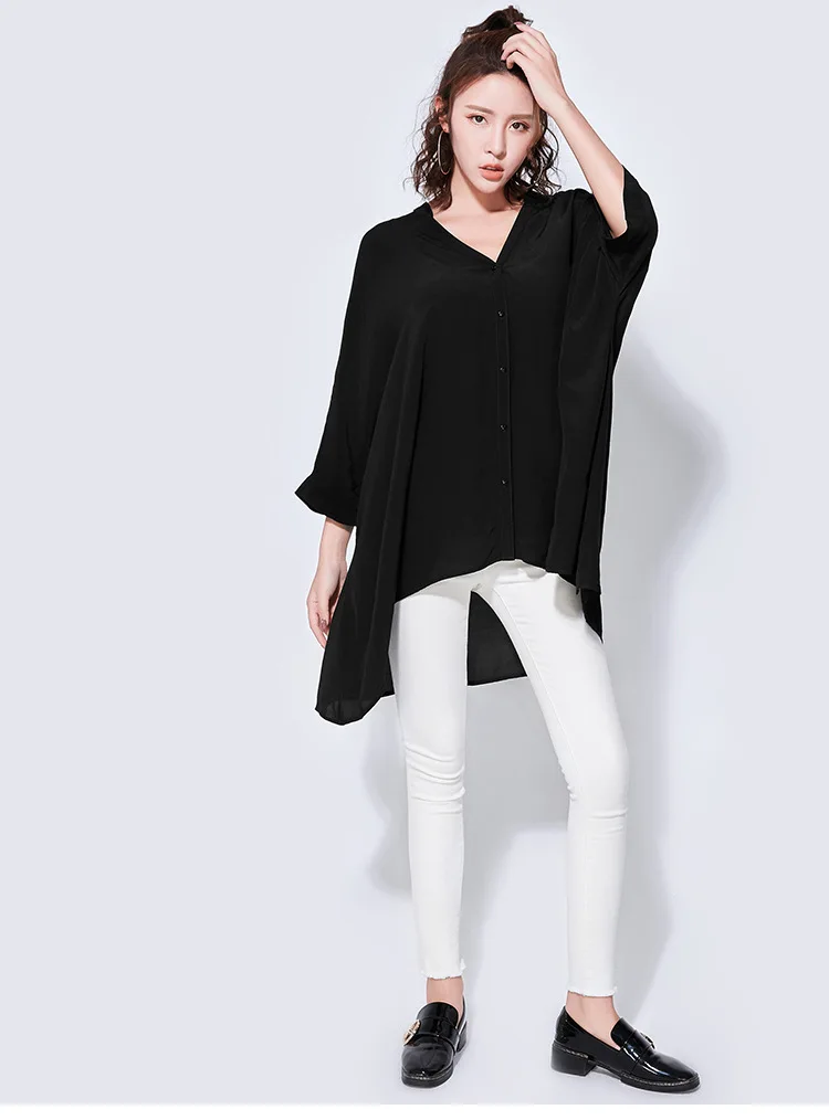 Hongsonghan Simple black color three quarter batwing sleeve tops 2018 Summer V-collar shirts loose big size irregular blouse |
