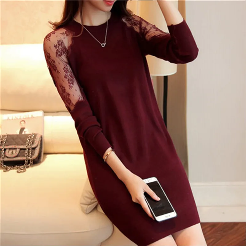 Платье-Свитер женское трикотажное с круглым вырезом и длинными рукавами на