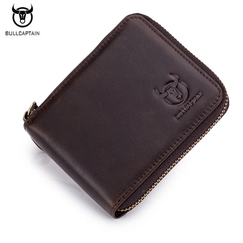 Deep brown BULLCAPTAIN, новинка, повседневный мужской кошелек, натуральная кожа, на молнии, мужские маленькие кошельки, короткие, высокое качество, ID, кредитный держатель для карт, кошелек - Цвет: Deep brown