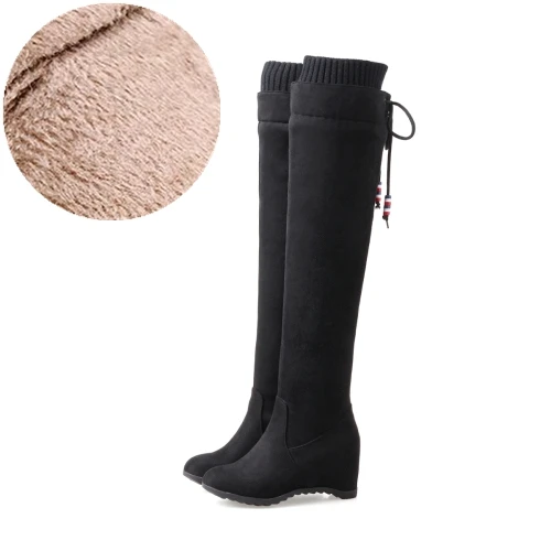 Black (Winter) Новинка; модные вязаные высокие сапоги до бедра; женская обувь на скрытой танкетке, увеличивающая рост; сапоги на высоком каблуке; зимние женские высокие сапоги - Цвет: Black (Winter)