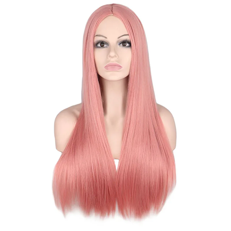 QQXCAIW Long Straight Middle Part Wig Black White Pink Orange Purple Gray Heat Resistant Synthetic Hair Wigs For Women
