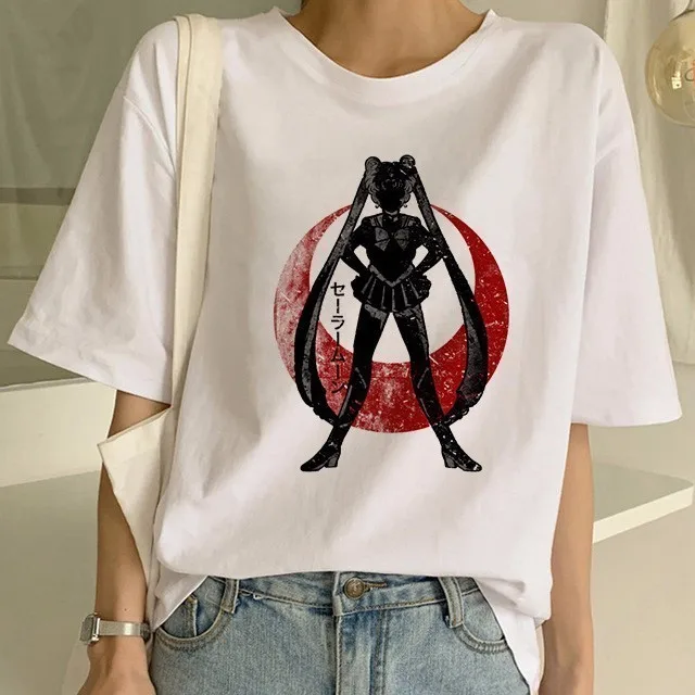 Сейлор Мун летняя новая модная футболка Женская Harajuku с коротким рукавом забавная футболка Ulzzang Милая футболка с котом Мультяшные футболки женские - Цвет: 23