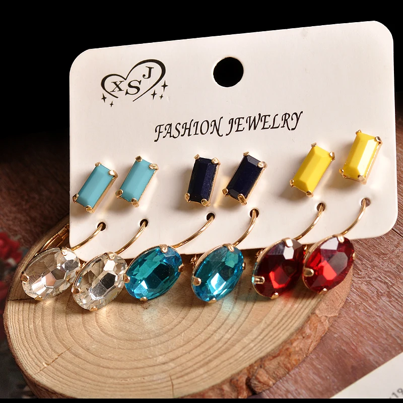 Женские серьги с ушками 6 паров/компл. желтое черное зеленое ювелирное изделие