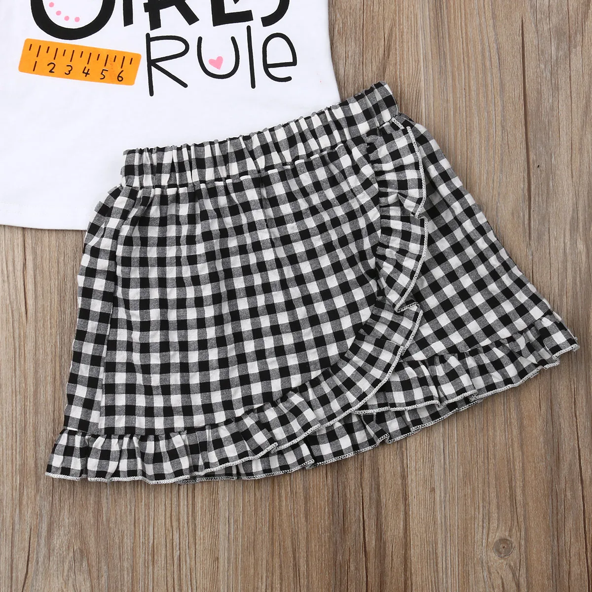 Toddler Baby Girl Clothes Set 2019 New Kids Summer Tops T-shirt + Ruffle Short Plaid Skirts Outfit Children | Детская одежда и