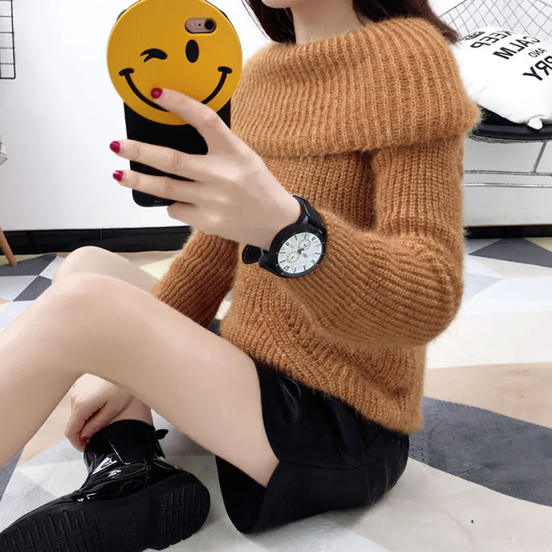 Женщина свитер с отложным воротником 2018 Повседневное модные компьютер вязаный