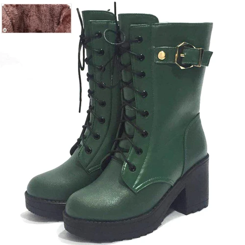 green fluff AIYUQI; Новинка года; Модные Военные сапоги на высоком каблуке; женская зимняя обувь на платформе; женские сапоги; 1 пара; женские сапоги из натуральной кожи - Цвет: green fluff