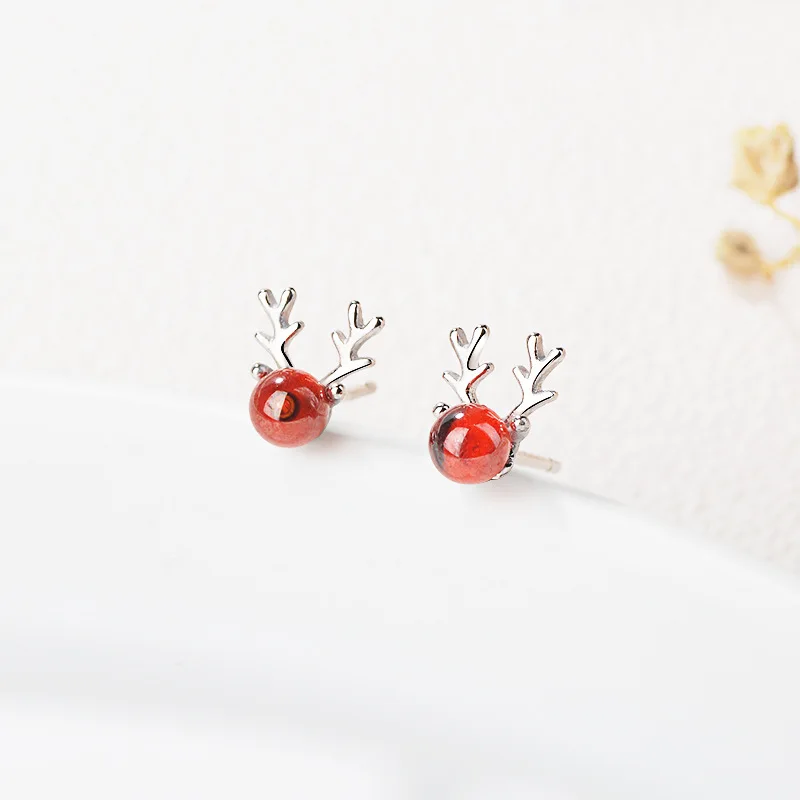 S925 Silver Earrings Серебряные серьги-гвоздики в виде оленя с милыми рогами и кристаллами, 925 Красные гранатовые серьги с оленями для женщин и девушек, ювелирные изделия в рождественском стиле - Окраска металла: S925 Silver Earrings