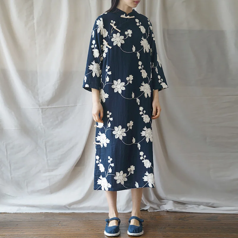 Johnature женское винтажное платье Cheongsam с вышивкой и стоячим воротником весеннее Новое Оригинальное женское хлопковое китайское платье с пуговицами