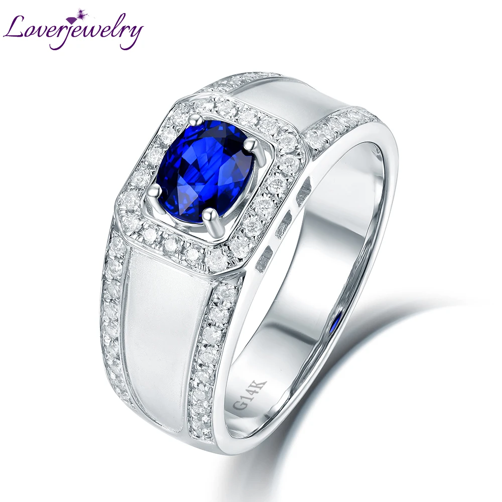 Модные мужские украшения из натурального синего сапфира Чистое Белое золото 14 к