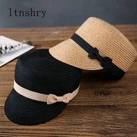 2019 new summer ribbon sun hats breathable chapeau soft breathable women straw visor patchwork striped bow beach cap out door