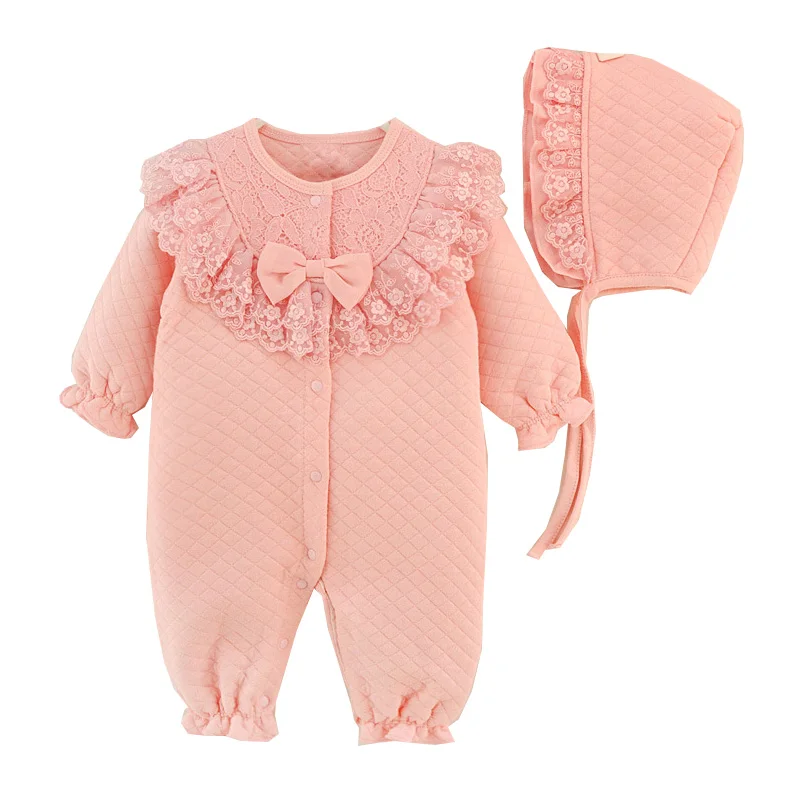 

Newborn Baby Girl Clothes Cotton Coveralls Rompers Princess Lace Infant Clothing Set Romper+Hat 2pcs/set Roupas De Bebes Menina